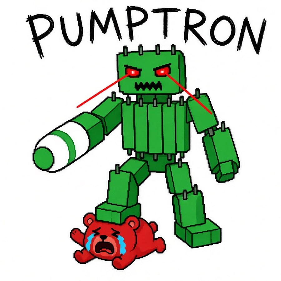 Crude MS Paint drawing: PUMPTRON, a blocky green candle robot with red laser eyes and a pill cannon, standing on a crying red bear