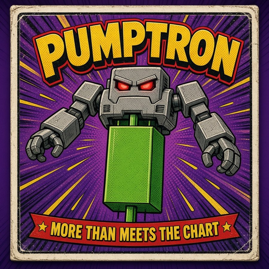 Retro VHS cover parody: a chunky gray robot unfolding out of a giant green chart candle, titled PUMPTRON, More Than Meets The Chart